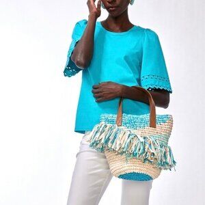 NWT Chico’s Multi Fringe Neutral Turquoise Tote Bag